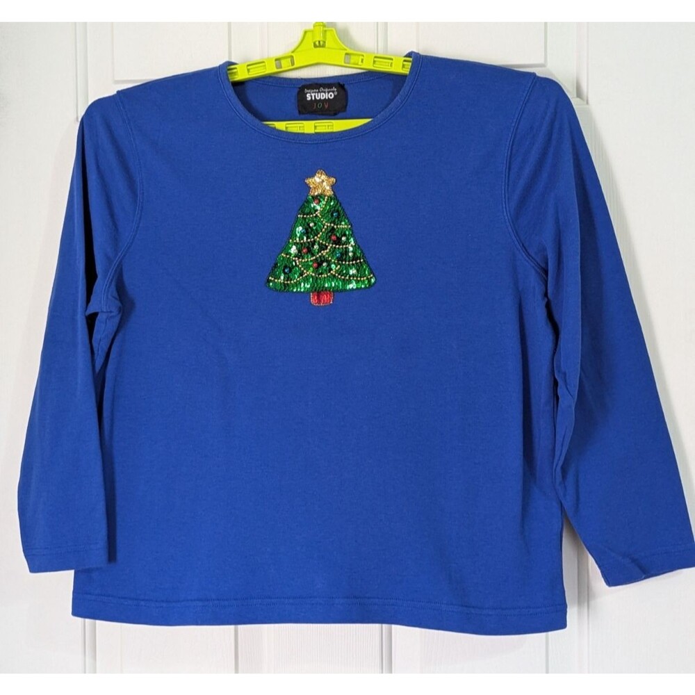 VTG Studio Joy Christmas Tree Tee Womens PXL Blue L/S Sequin Beaded Ornament